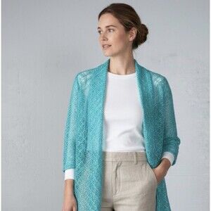 Vintage Notations Open Knit Cardigan 3/4 Sleeve Sequins Sheer Aqua Sz Small Boho